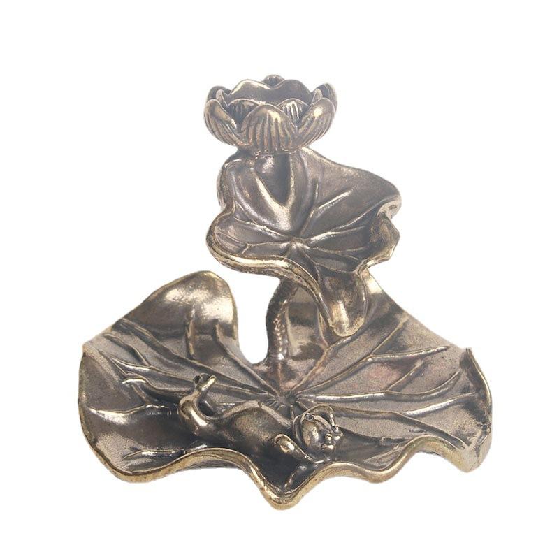 Vintage Brass Leaf Backflow Ornament Frog Lotus Zen Incense Insert Sandalwood Holder Old Copperware W