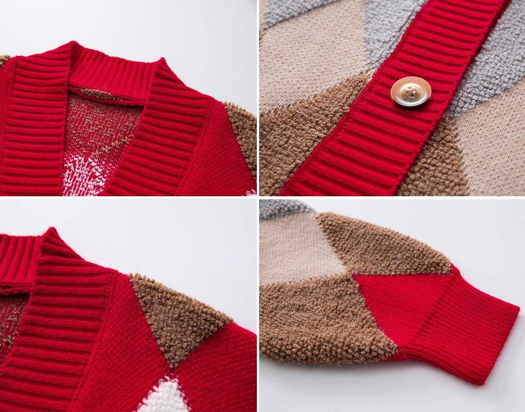 Henri Fluffy Argyle Thick Warm and One Size Fits Korean Short Long Long Sleeve Adult Down Lightweight Boa Long School Cardigan, Outerwear,