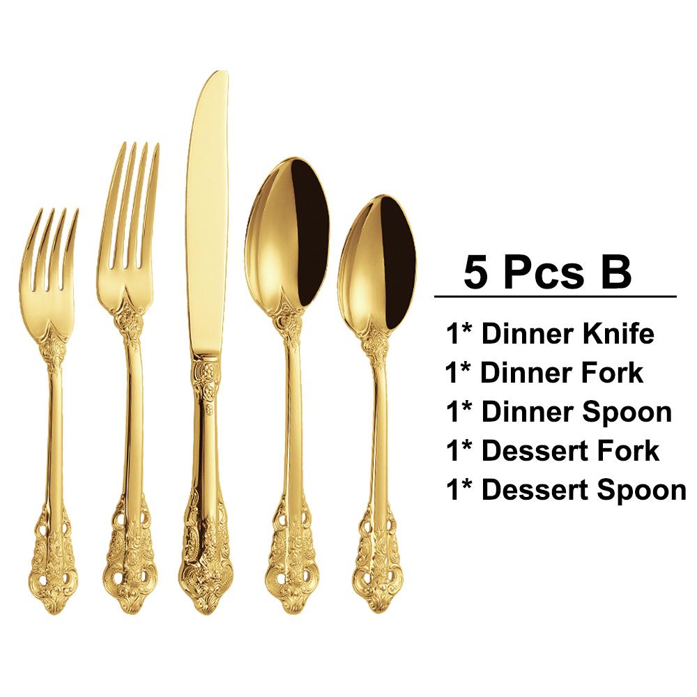 12/15/16/20 Pieces Gold Plated Luxury Cutlery Set Stainless Steel Gold Dinnerware Vintage Western Tableware Fork Spoon Knife Set