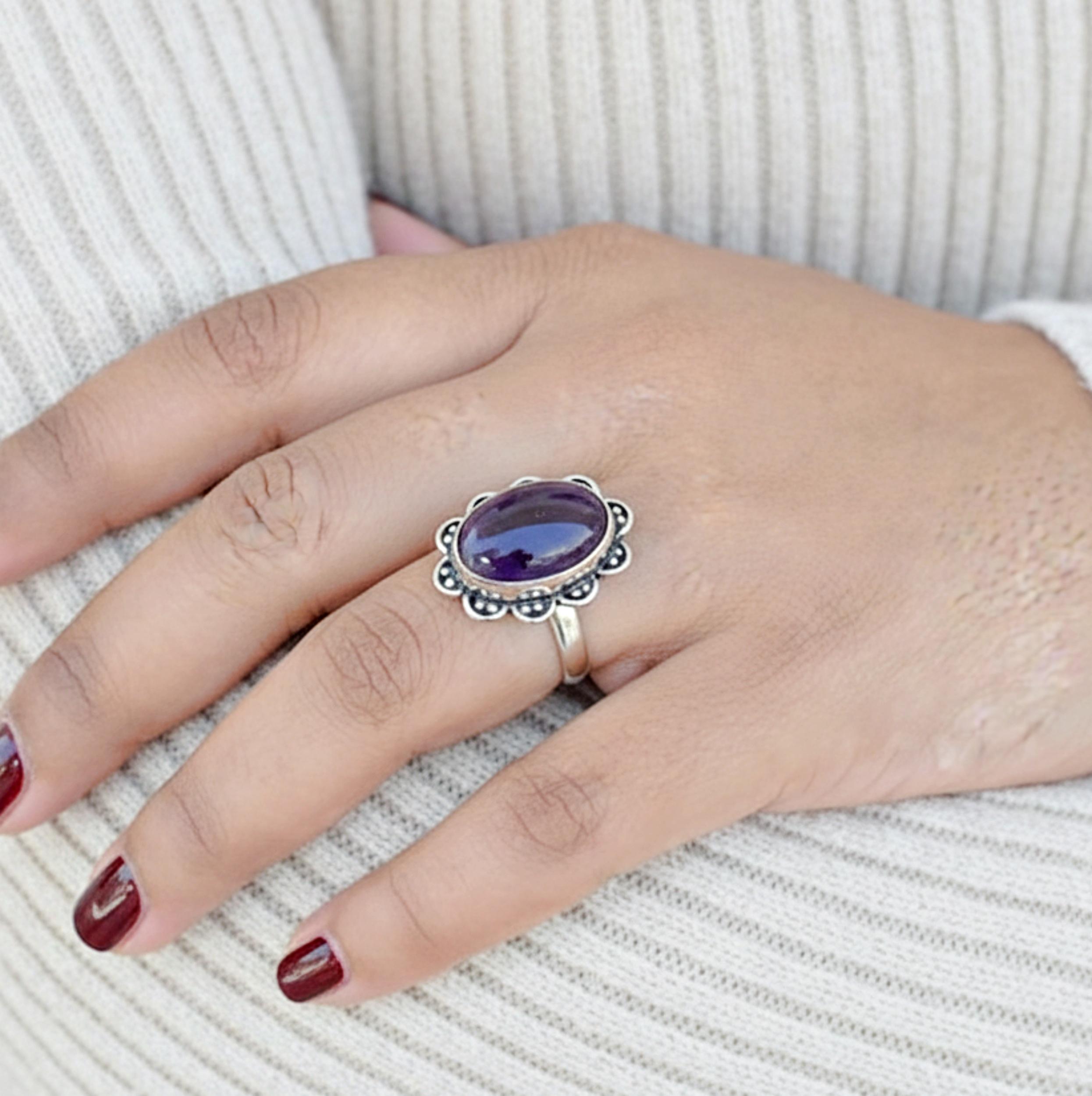 Purple Amethyst Flower Ring, 925 Sterling Silver, Minimalist Boho Statement Ring for Women 12 серебряный