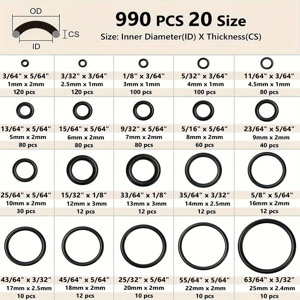 Durable Seal Rubber O-Rings 990pcs Kit O-Type Sealing Rubber Ring Pressure Washer