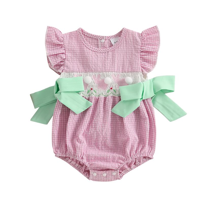 Baby Easter Romper Newborn Baby Girl Summer Clothes Casual Baby Rabbit Embroidery Plaid Fly Sleeve Jumpsuits Toddler 0-3M розовый