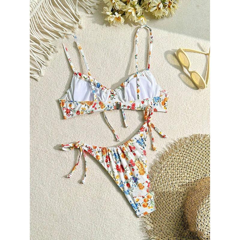 Maillots de bain de plage pour femmes, ensemble bikini imprimé floral, soutien-gorge push-up, ensemble fendu, bikini sexy deux pièces d'été