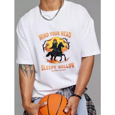 White T-Shirt Mind Your Head Sleepy Hollow Halloween Horse Rider Design For Casual Wear
