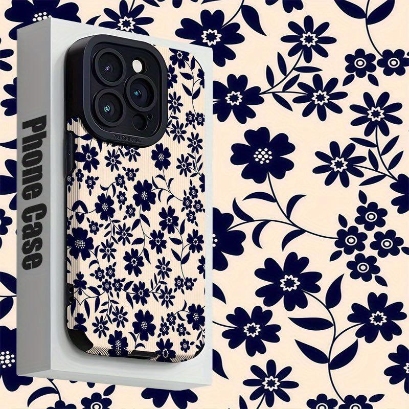 Navy Blue Retro Floral Print Phone Case Suitable for iPhone 17 16 15 14 13 12 11Pro/Max/Plus Anti Drop and Shockproof Back Cover