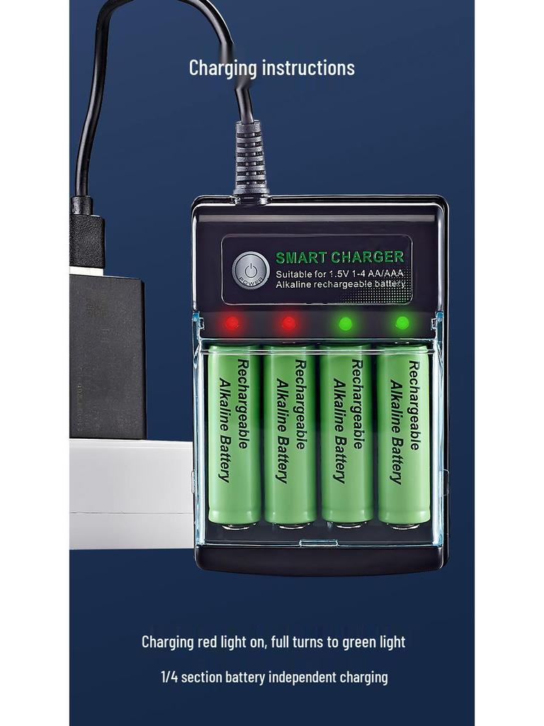 USB Charger for 1.5V Alkaline Rechargeable AA & AAA Batteries, 4-Slot Independent Charging Dock