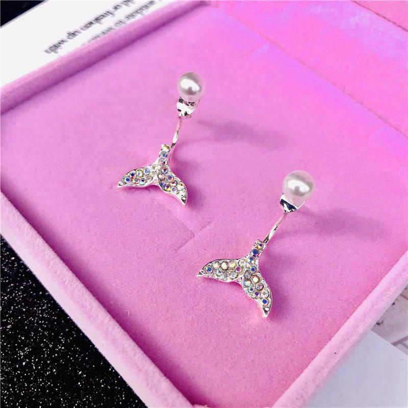 Shining Fish Tail Long Tassel Zircon Pearl Stud Earring for Women Cute Fine Jewelry Asymmetric Accessories