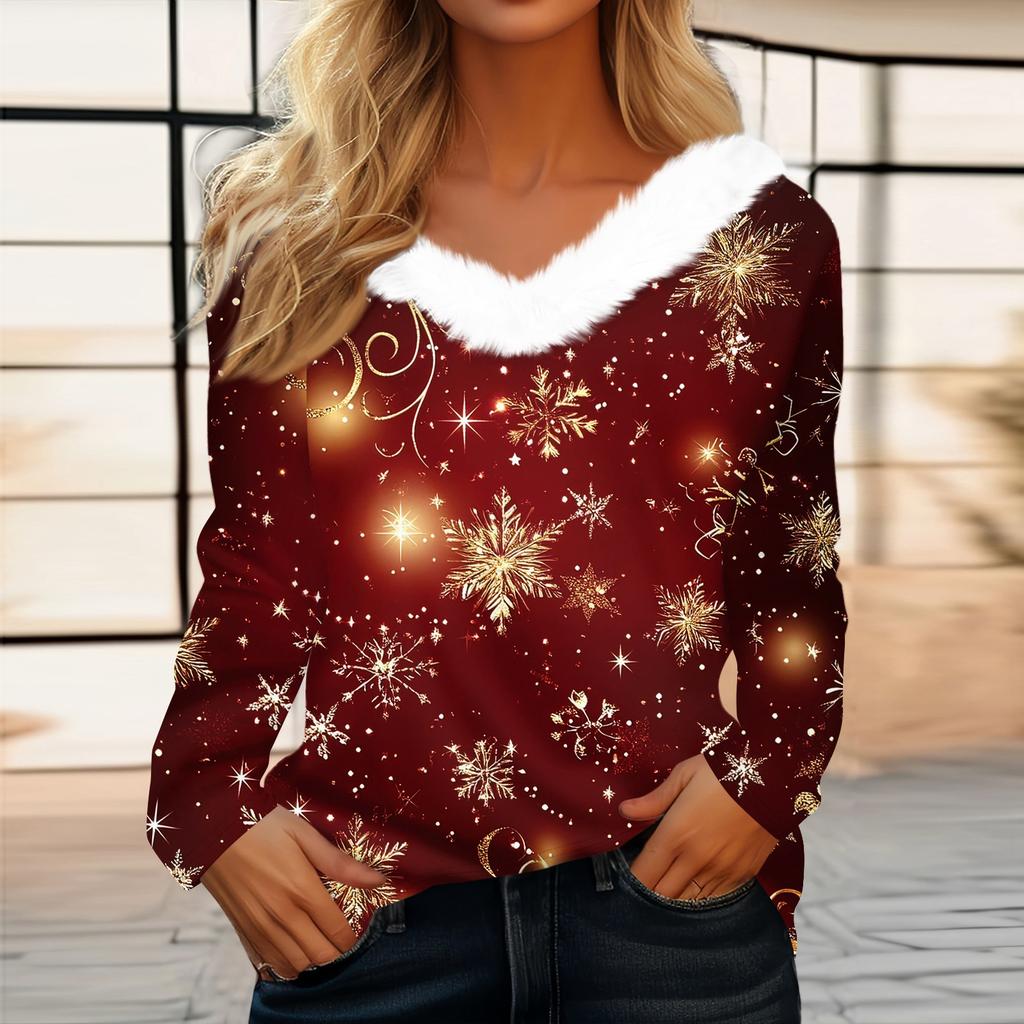 Women's T Shirt Tee Christmas Print Shirt Long Sleeve Party Christmas Fleece Collar V Neck  Top
