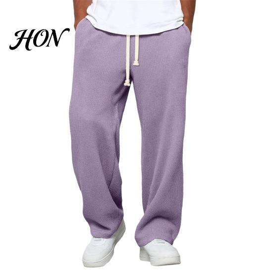 Versatile Outdoor Activewear Men Waffle Baggy Trousers, Wide Leg Drawstring Waist Slacks, Loose Fit Relaxed Travel Pants Casual Sweatpants with