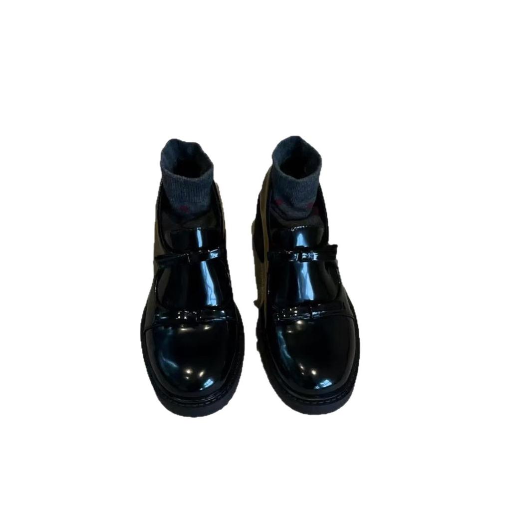 British high-heeled loafers for women French elegant bow thick-heeled single shoes British black small leather shoes for women