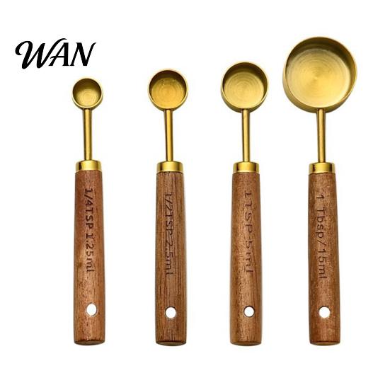 Durable Baking Tools 4Pcs Gold-Plated Stainless Steel Measuring Spoons & Cups Set, Precision with Kitchen Spoon Set Wood Handle, Nested Food Grade Kit
