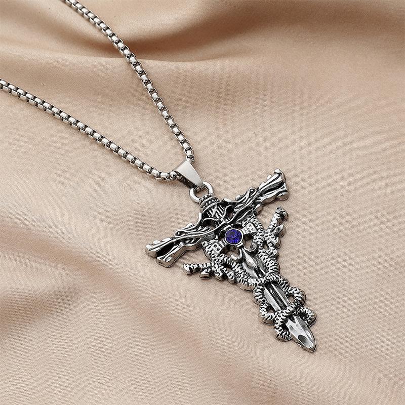 Punk Titanium Steel Necklace For Men Alloy Double Dragon Sword Pendant Choker Vintage Evil Eye Cross Jewelry Gift