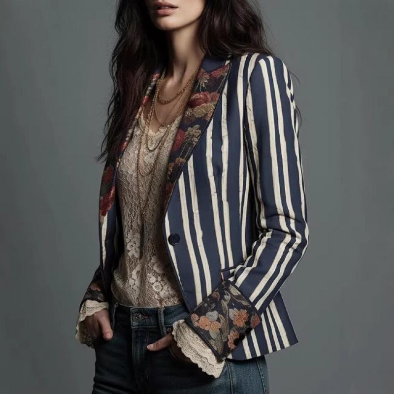 Damen Umlegekragen Langarm Blazer Schmale Passform Böhmisch Gestreift Floralprint Einreihig Knopf Vintage Lässig Büro Jacke Mantel