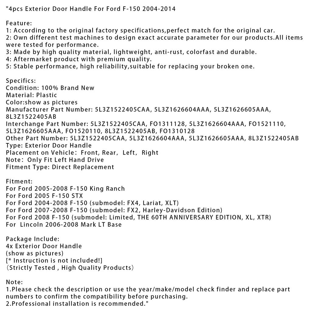 4 Stück Außentürgriff für Ford F-150 2004-2014