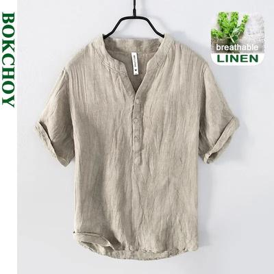 Verão vintage puro linho manga curta t camisa para homens fino cor sólida magro roupas masculinas tamanho grande