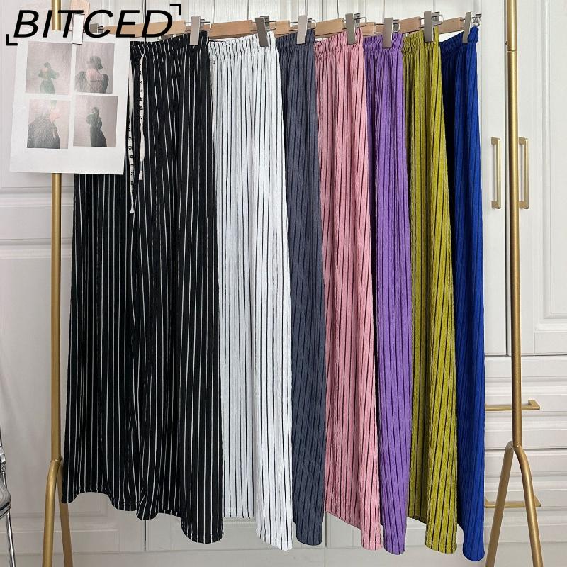 BITCED Women's Wide-Leg Trousers - Spring/Autumn Slimming High-Waisted Drapey Vertical Stripe Casual Trousers