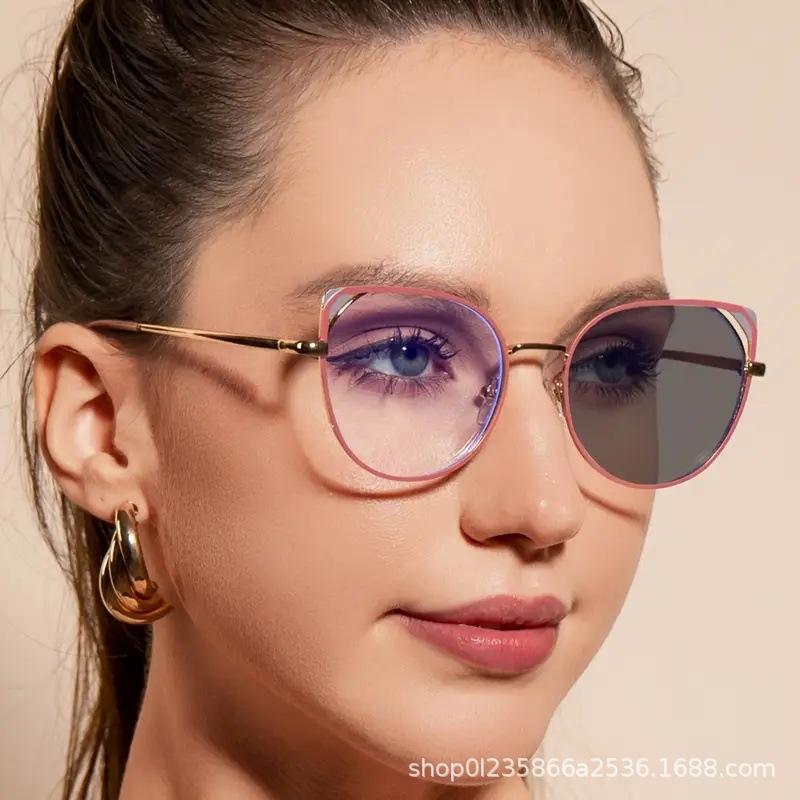 Hollow cat's eye anti-blue glasses frame ins women's European and American fashion trend metal flat glasses myopia glasses frame
