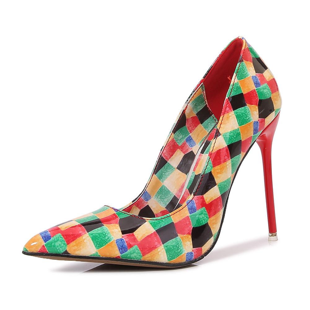 Neue sexy Mädchen High Heels Damen Dünne Absätze Spitz Große Größe Vielseitige Farbe Karomuster Damenschuhe