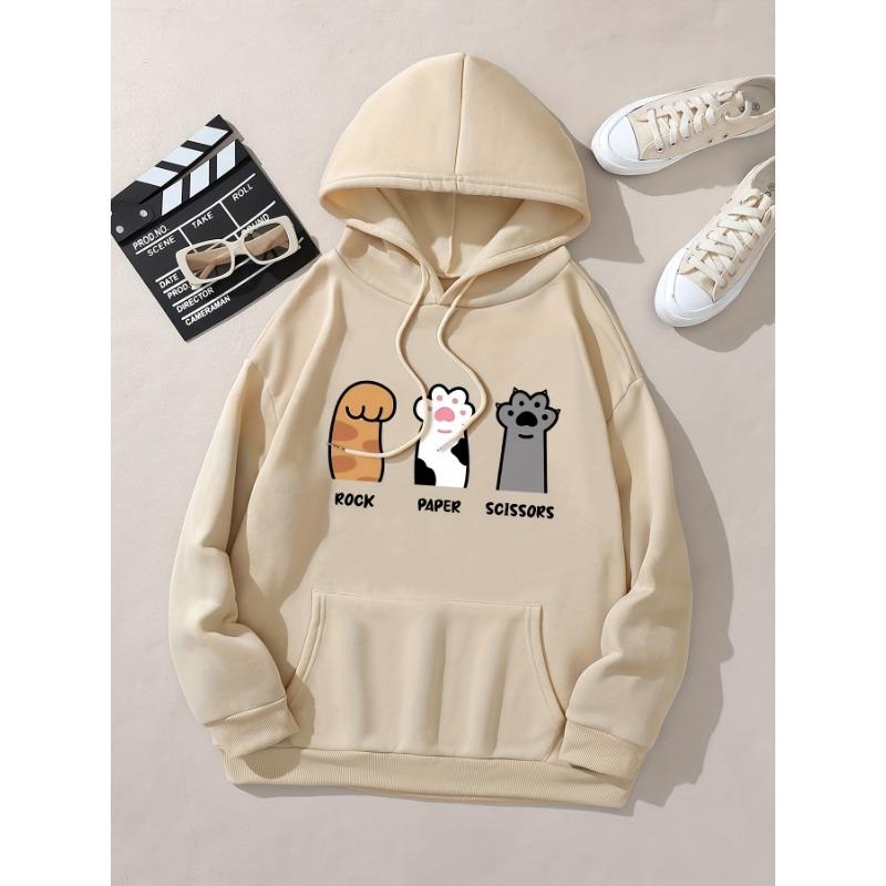 Three Cat Paws Graphic Print Hoodie, Drawstring Casual Hooded Sweatshirt for Winter & Fall, Women's Clothing
