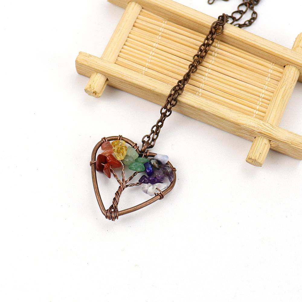Vintage Hand-Wound Natural Stone Crystal Heart-Shaped Tree Of Life Curved Tree Necklace N142