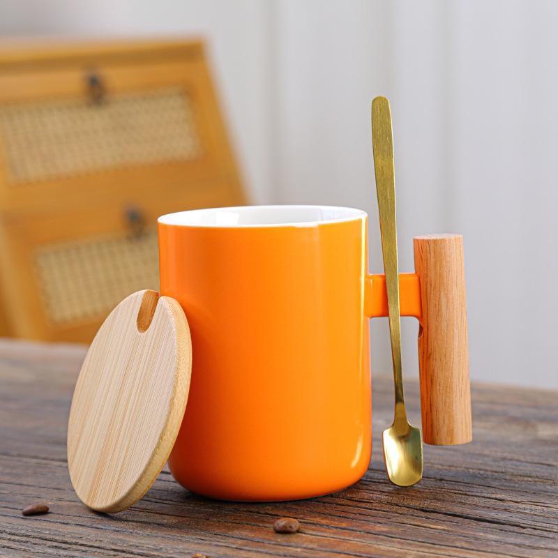Nordic Porcelain Coffee Ceramic Mug With Wooden Handle Ceramic Mug With Bamboo Lid and Spoon Porcelain M 301-400ml белый
