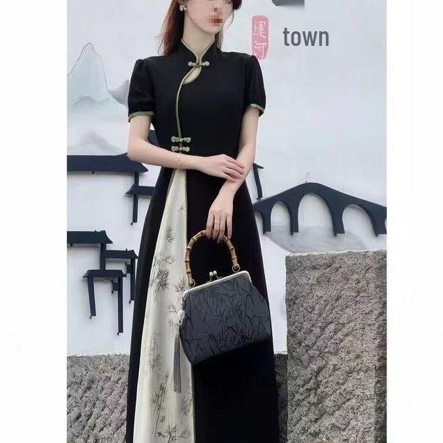 Elegant Summer Qipao Dress with Frog Buttons and Stand Collar - Slim Fit Patchwork Long Skirt