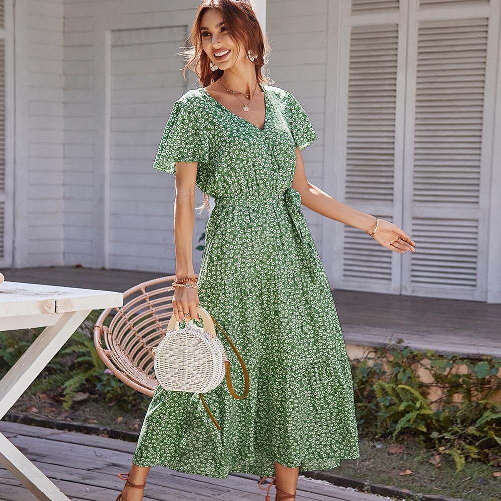 Vår Sommer Bandasje Print Kvinner Casual Kortermet Høy Wasit Floral Holiday Style Dame Lang Kjole