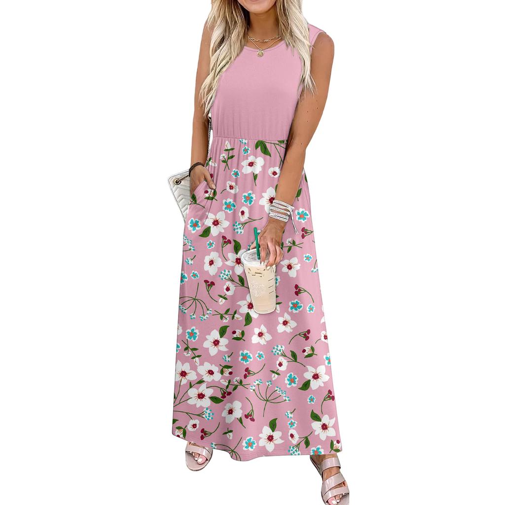 Ladies' Floral Print Casual And Fashionable Waist Cinched Sleeveless Dress