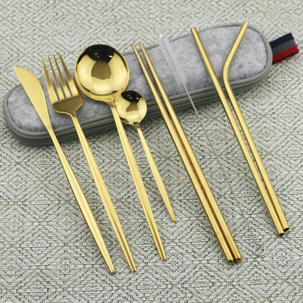 9pcs/Set Travel Cutlery Set Portable Gold Dinnerware Set Stainless Steel Tableware Set With Metal Straw Brush Chopsticks Bag