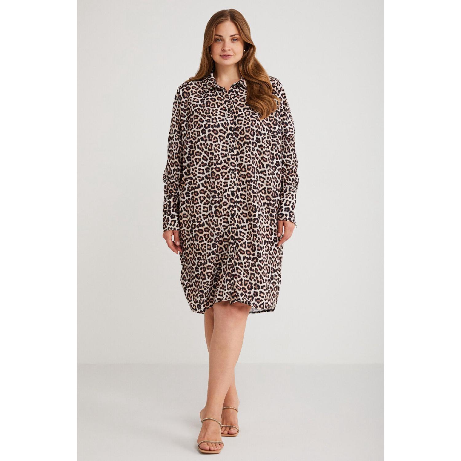 

Safar Women Big Size Shirt Collar Button Detailed Long Sleeve Leopard Patterned Dress XL чистий