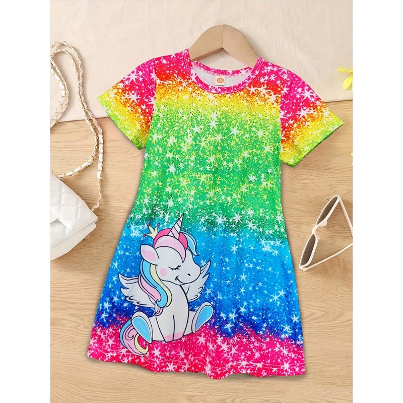 Girls Chic Color Block Unicorn Print Short Sleeve T-Shirt Dress Casual Dresses Summer Outwear