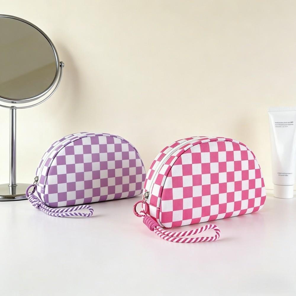 With Hand Strap Checkered Pattern Cosmetic Bag Polyester Makeup Organizer Toiletry Bag  Vacation