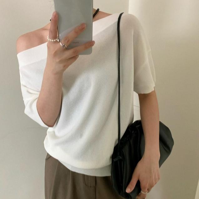 Summer Casual Sweater Women's Slanted Collar Black Stripe Pullover Harajuku Women Short Sleeve Tops Knitwear Trending Sweaters