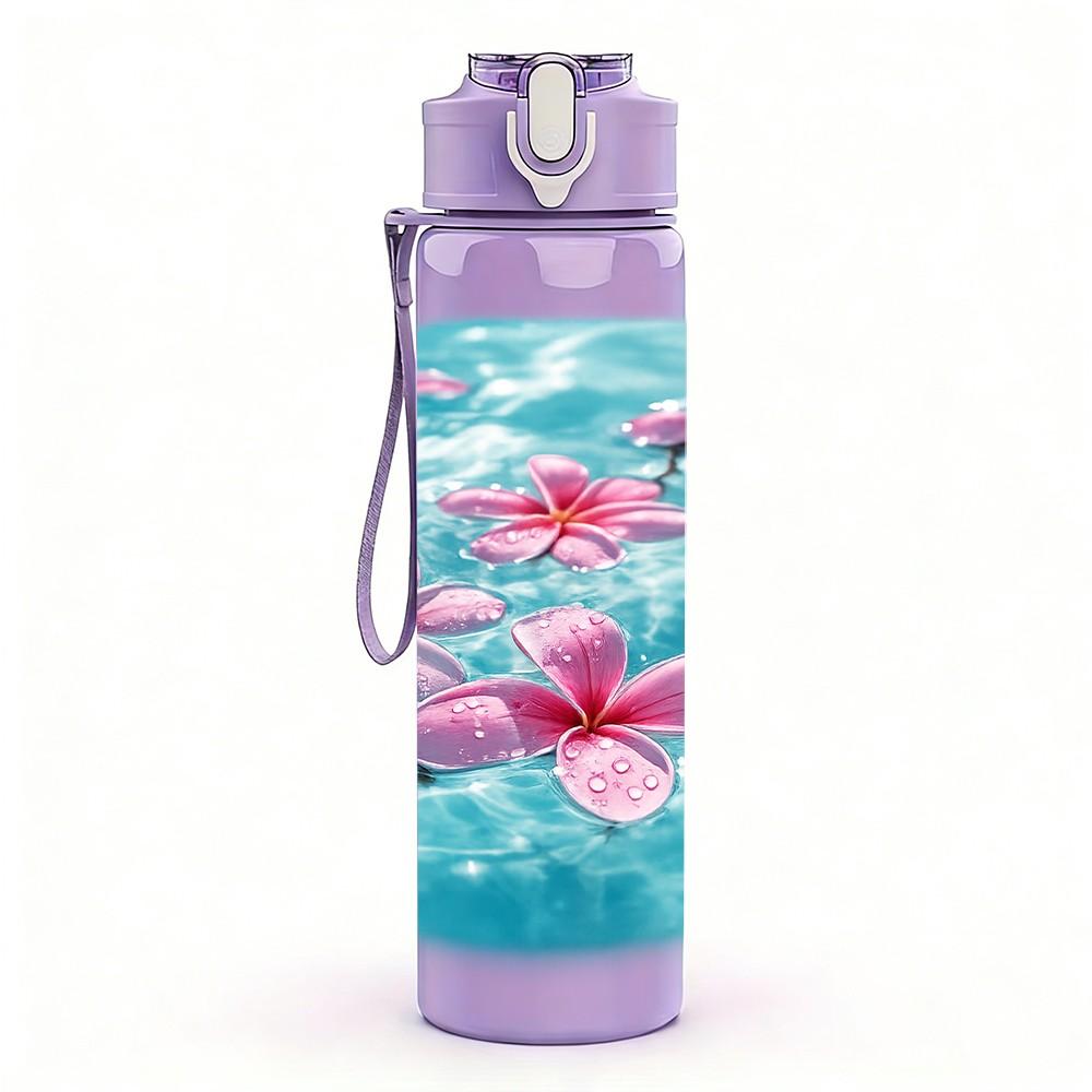 1PC Lotus Flower Water Pond Print 750ml Color Plastic Sports Water Bottle Leakproof Flip Straw Lid Suitable for Sports Office Home Use