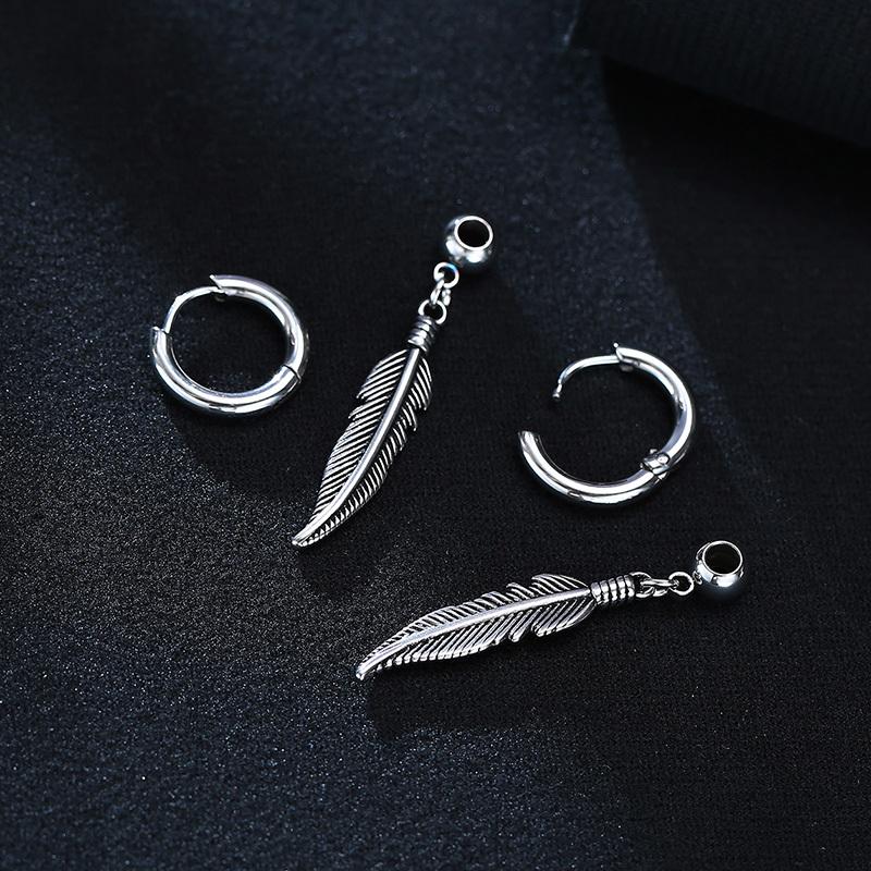 Mens Feathers Drop Earrings,Stainless Steel Wings Huggies Hoop Earings,Rock Punk Vintage Cool Jewelry Gifts