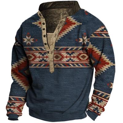 Men's Large Size Ethnic Print Henry Collar Sweatshirt Spring and Autumn Outdoor Leisure Activities Sweatshirt Ready Stock Top