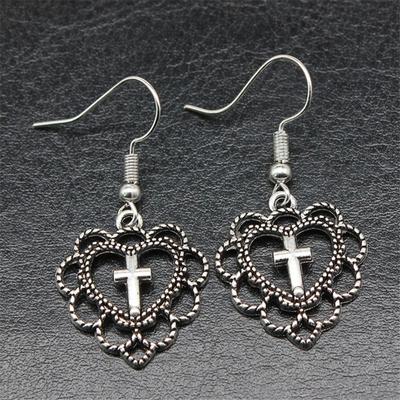 Pendientes Colgantes con Colgante de Corazón y Cruz de Color Plata Antigua Vintage de Moda para Mujer Diseño Simple Joyería Linda y Genial