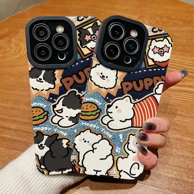 Vertical Grain Leather Shell Cute Puppy Printed Patterned Shockproof Soft Silicone Case with Camera Lens Full Protection for iPhone