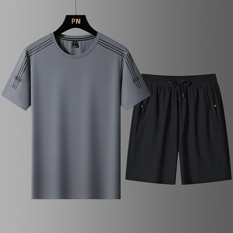 Extra Large Summer Sports Suit Men's Ice Silk Thin Short Sleeved Men's Shorts Quick Drying Handsome Two-piece Set