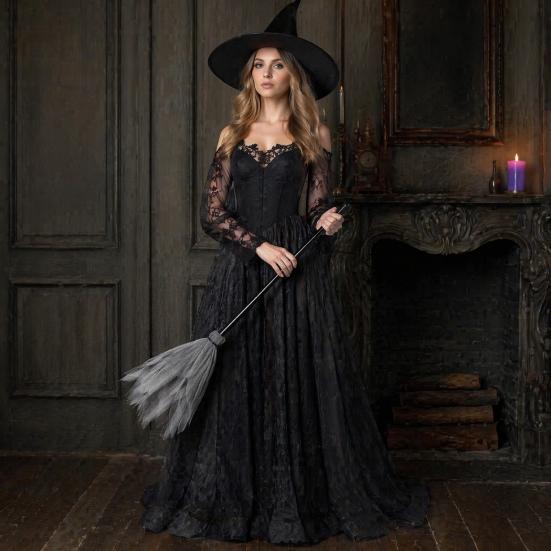 Party Photo Booth Props Halloween Witch Broom Prop, Detachable Mesh Wizard Broomstick for Spooky Costume Accessory Cosplay Stage Performance,