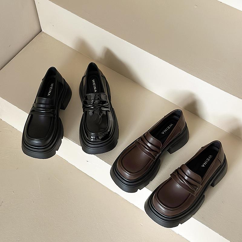 Platform thick heel British style small leather shoes women's 2025 new spring and autumn one-pedal women's shoes single shoes black loafers