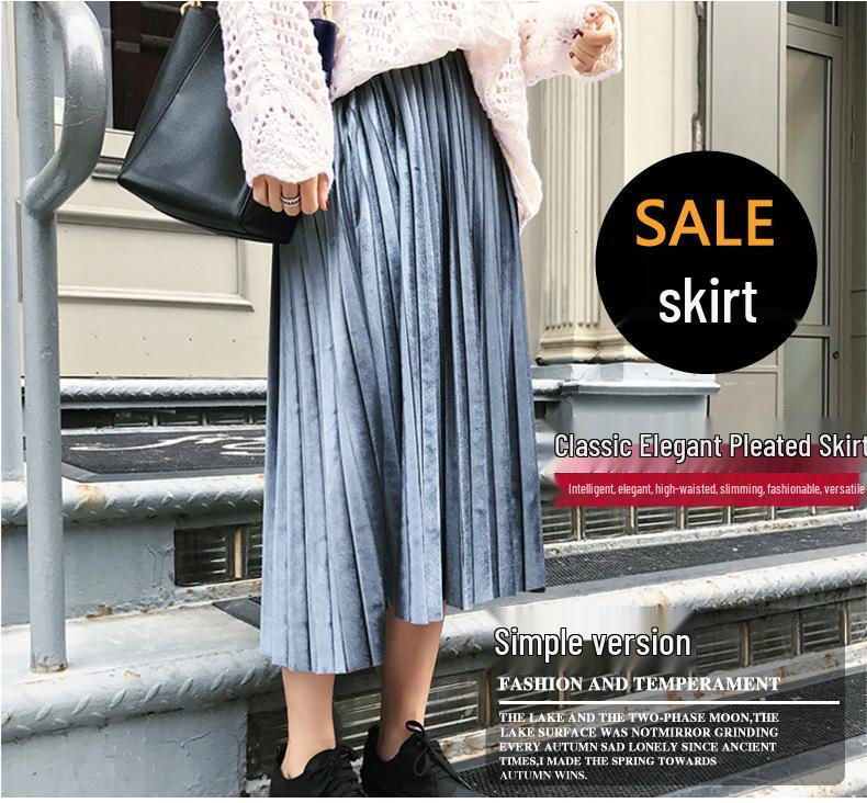 Elegant Pleated Mid-Length Skirt: Spring/Autumn, Solid Color, Elastic Waist, Loose Fit, Plus Size.