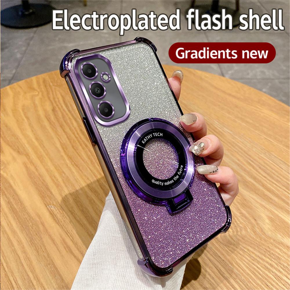 Luxury Glitter Plating With Holder Case For Samsung A06 A16 A05S A15 A25 A35 A55 A04 A14 A24 A34 A54 Soft Shockproof Stand Cover