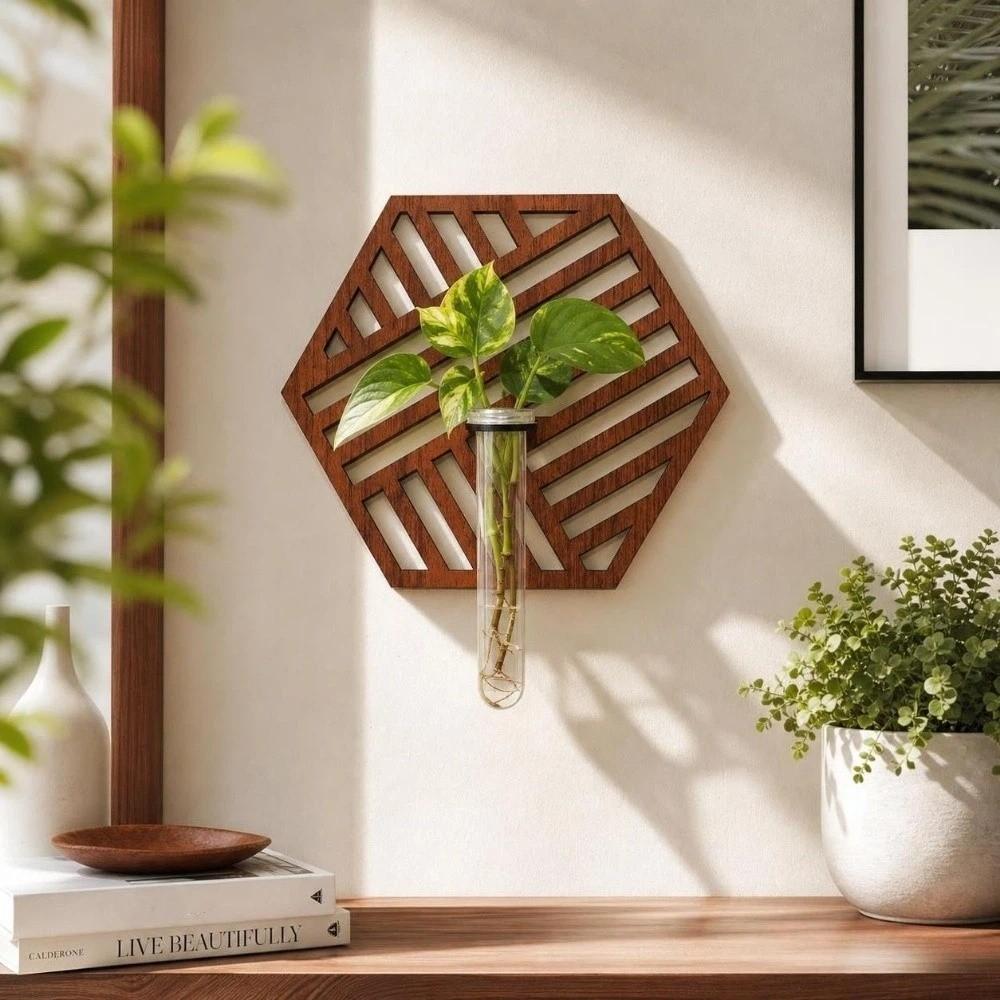 Home Ornaments Hydroponic Planter Shelf Wooden Flower Pot Flower Holder Wall Decoration Indoor Use