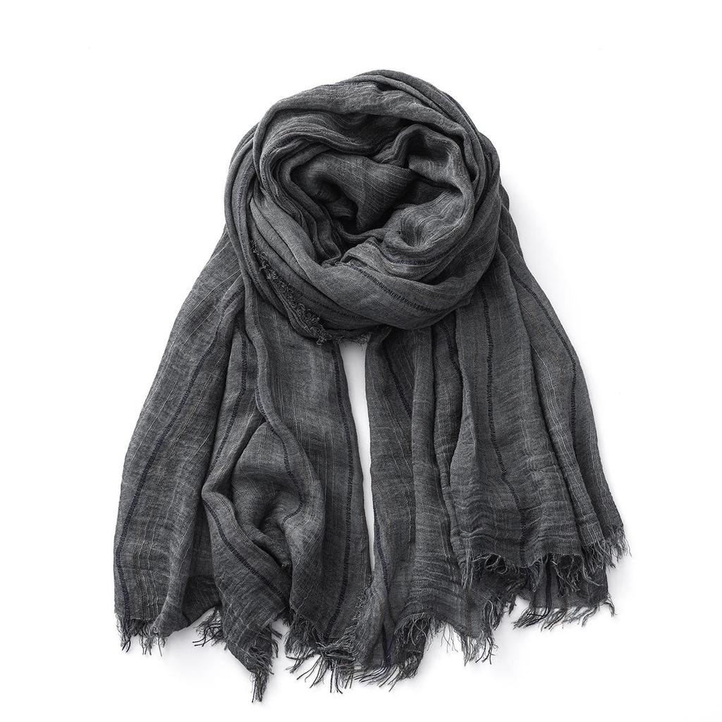 Sciarpa da uomo in cotone e lino tinta unita europea e americana - Autunno/Inverno Tie-Dye Giapponese Coreana Strisce Decorazione in Seta.