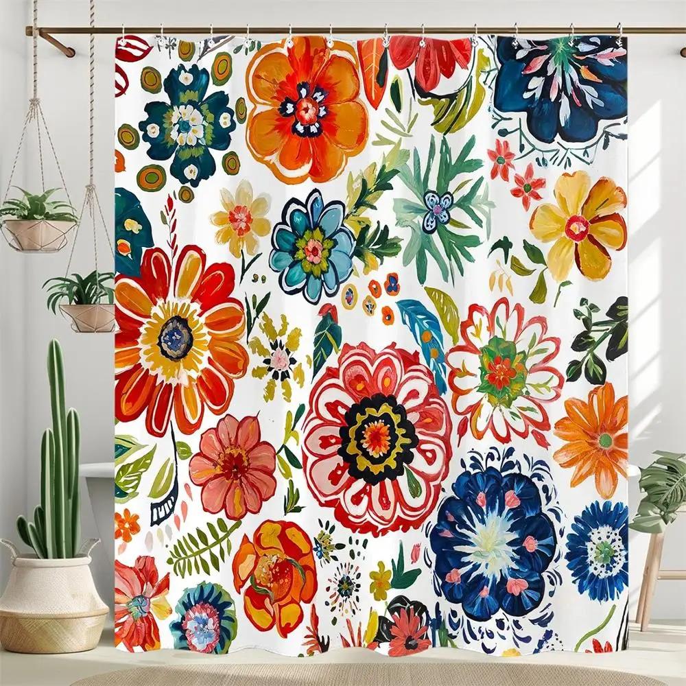 Floral Shower Curtains Boho Flowers Plant Watercolour Art Modern Polyester Fabric Bathroom Curtain Bathtub Decor Set With Hooks