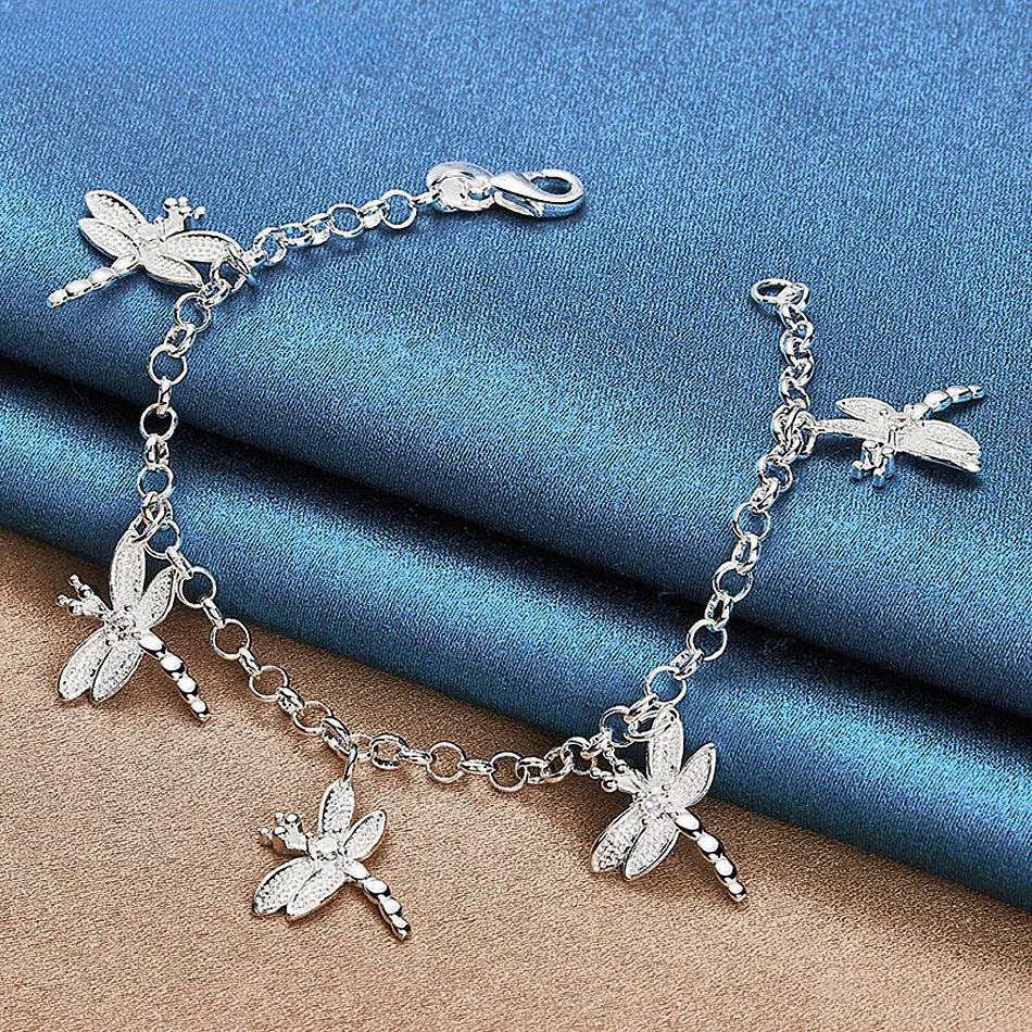 Sterling Silver Bracelet Crystal Zircon Dragonflies Charms Bracelets for Women Fashion Wedding Party Jewelry Gifts
