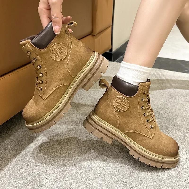 Boots Women's Genuine Leather Thick Sole Shoes Motorcycle Outdoor Work Clothes Women's Ankle Boots Shoes for Women Zapatos