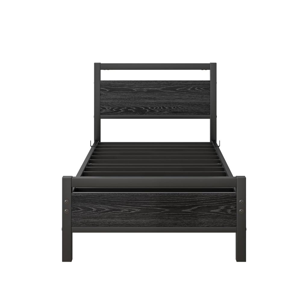 Bed Frame 90x200 Cm Made of Metal & Wood – Stable Single Bed with Slatted Frame & Storage, Guest Bed/Youth Bed