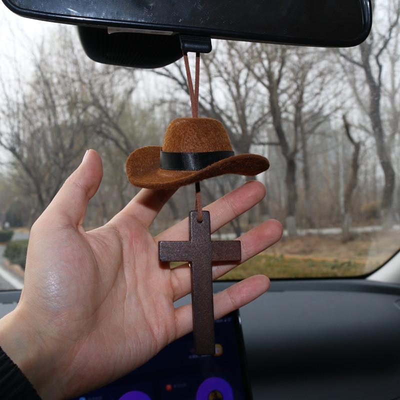 New Love Heart Cross Denim Hat Car Pendant Fashion Car Rearview Mirror Decoration Pendant Car Interior Accessories